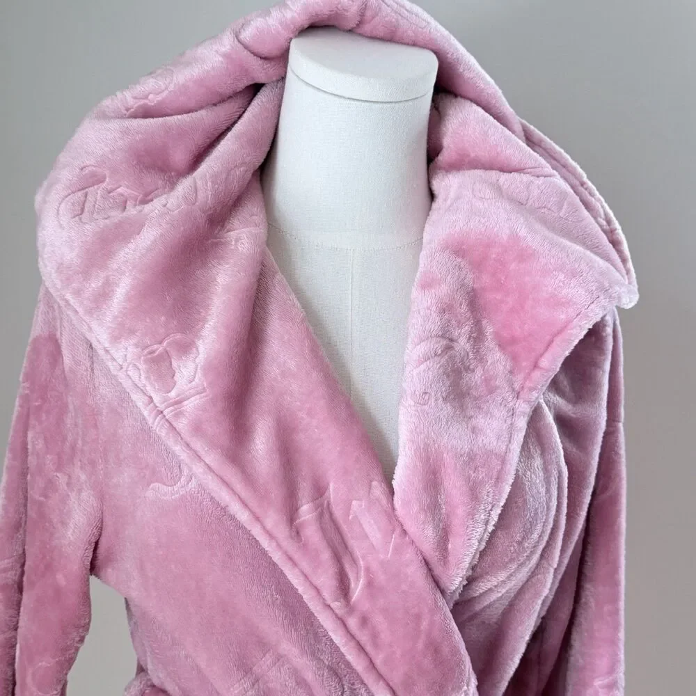 Juicy Couture Pink Plush Hooded Robe S/M Y2K Coquette Velour Spa Loungewear - Picture 16 of 16